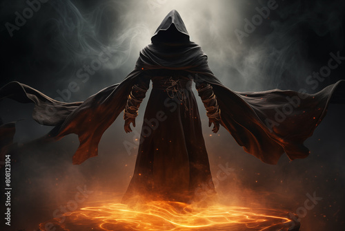 Enigmatic sorcerer cloaked in robes of swirling darkness