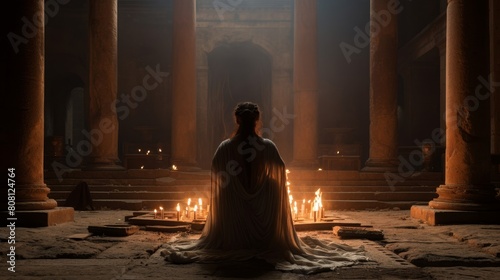 Roman priestess tending to sacred fire in serene temple dedicated to Vesta