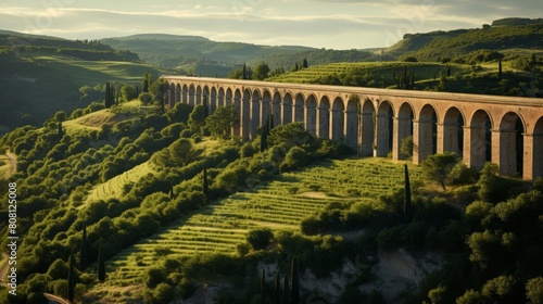 Grand Roman aqueduct with towering arches on picturesque landscape