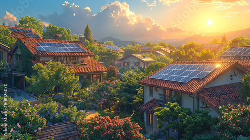 The image shows a beautiful neighborhood with solar panels on the houses