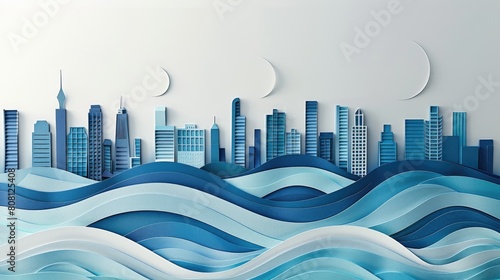 Papercut art of a coastal city skyline with gradually rising blue paper waves, symbolizing the threat of sea level rise.