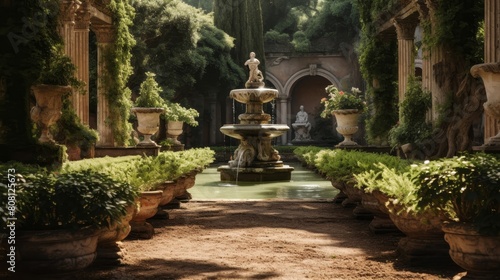 Roman villa's ornate garden statues fountains meticulously landscaped