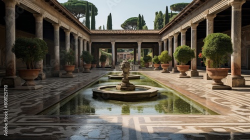 Roman villa's peristyle garden colonnades central courtyard mosaic fountain