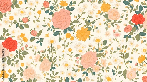 A vintage-inspired floral pattern reminiscent of traditional chintz fabric, featuring roses, peonies, and daisies. amazing background, anime background