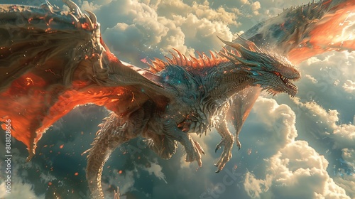 A dragon is flying in the sky above the clouds