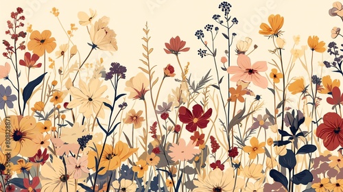 A vintage botanical illustration showcasing the intricate details of various wildflowers in bloom