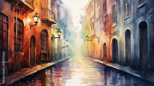Paint a watercolor background capturing the historical ambiance of an old European city alleyway in the rain