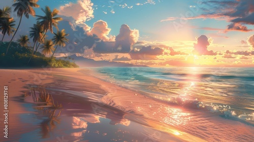 An idyllic beach scene with palm trees, white sand, and a gentle sea. The setting sun casts a warm glow over the scene.