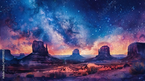 The image shows a beautiful landscape of Monument Valley at night