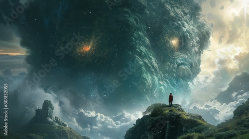 The image shows a giant green monster standing in a field. The monster is looking at a human who is standing on a cliff. The human is scared and is about to run away.