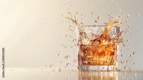 A splash of amber whiskey swirls in a glass filled with ice, ready for a refreshing drink