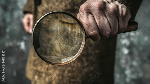 Close-up of a rationalist thinkers hand holding a magnifying glass, symbolizing the search for truth and logic
