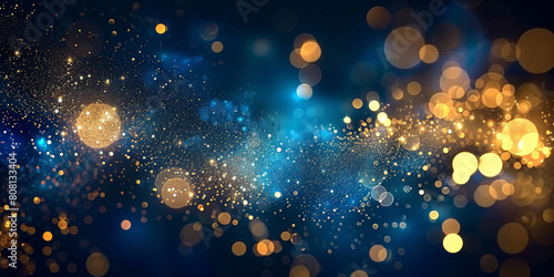 blue gold bokeh, Golden light shine particles bokeh on blue background. . Abstract blue background with Dark blue and gold particle.Christmas banner