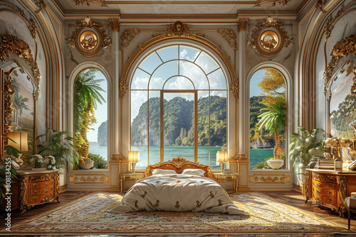 A grand, arched window frames the luxurious bedroom.