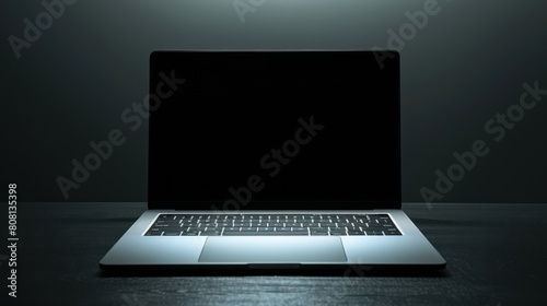 Dark ambiance with glowing laptop keyboard in the spotlight creates a sense of mystery and technology