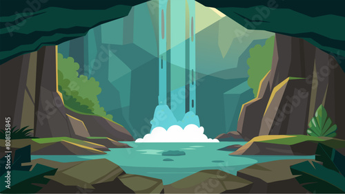 A tranquil waterfall in a hidden cave where you can do rock climbing and core strengthening exercises while listening to the soothing sound of water.. Vector illustration