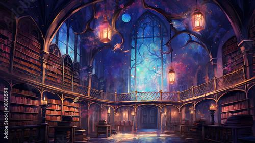 Paint a watercolor background of an ancient library filled with magical tomes and glowing lanterns