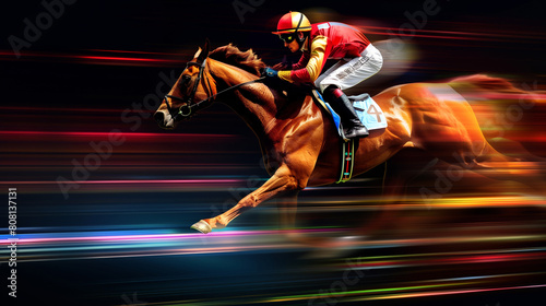stylish illustration of fast horseman rider and horse at race on black background, equine sport and speed concept, blurred motion