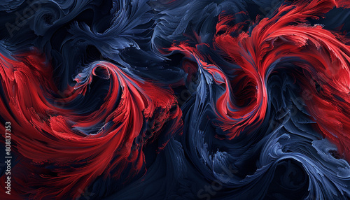 A dynamic and vibrant interplay of scarlet red and navy blue waves, swirling together in a forceful dance that captures the drama of an ocean storm.