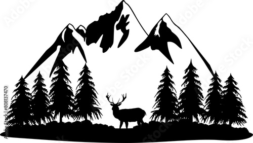 Vektor Silhouette Hirsch im Wald mit Bergen - Offline in der Natur - Abenteuer Wandern in den Wäldern und Gebirgen - Wildnis Camping