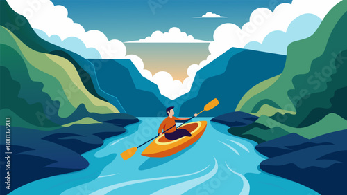A sense of wild freedom fills the kayakers mind as they leave the safety of still waters and brave the rapid descent.. Vector illustration