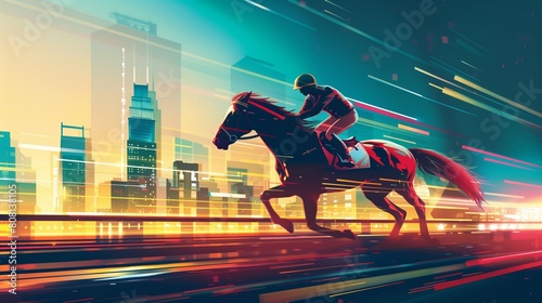 stylish illustration of fast horseman rider and horse at race on modern city background, equine sport and speed concept, blurred motion