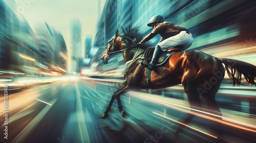 stylish illustration of fast horseman rider and horse at race on modern city background, equine sport and speed concept, blurred motion