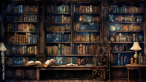 Paint a watercolor background of a quiet library filled with antique books