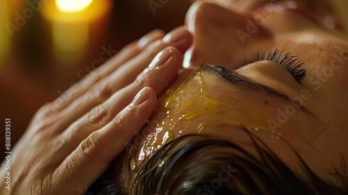 Close-up of a therapeutic scalp massage using aromatherapy oils in a spa setting