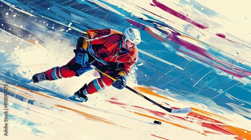 stylish dynamic illustration of ice hockey player with stick in action, winter sport poster