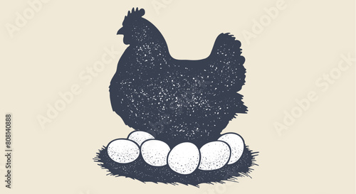 Chicken, hen with nest, eggs. Vintage retro print, chicken eggs sketch ink pencil style drawing, engrave old school. Sketch artwork silhouette chicken with nest, eggs. Vector Illustration