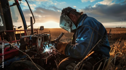 Mobile welder repairing agricultural machinery in the field, focusing on technique and tools.