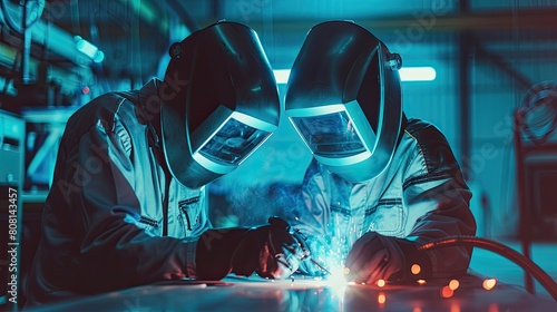 Welding apprentice in safety gear learning to weld under the guidance of an experienced mentor.