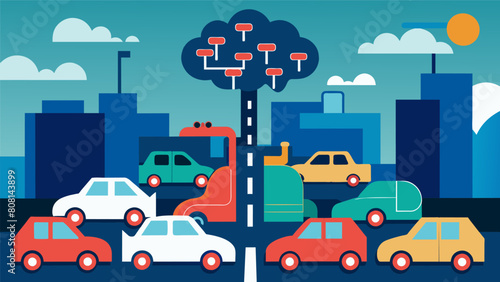 A graphic depicting a traffic jam symbolizing the challenges of information flow and processing in a neurodivergent brain.. Vector illustration