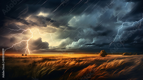 Produce a watercolor background featuring a dramatic view of a thunderstorm over the prairie, with lightning striking