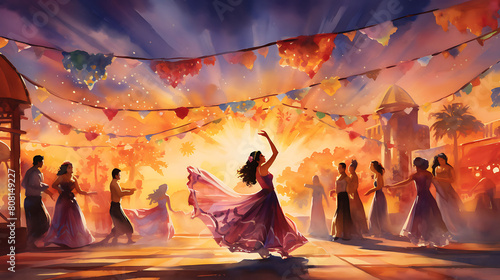 Produce a watercolor background featuring a vibrant fiesta scene with dancers in traditional costumes under string lights