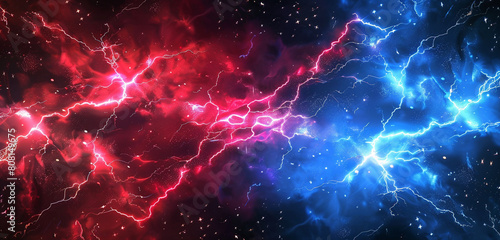 Starry patriotic background struck by red and blue abstract lightning.