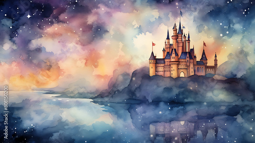 Produce a watercolor background featuring a dreamy castle surrounded by a moat under a star-filled night sky