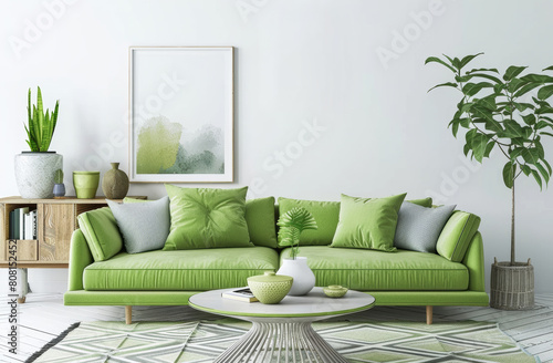 Interior design, sofa and living room and empty in home, wall with art for luxury apartment with throw pillows. Rug, stylish and artistic accommodation for deco, house and feng shui with plants