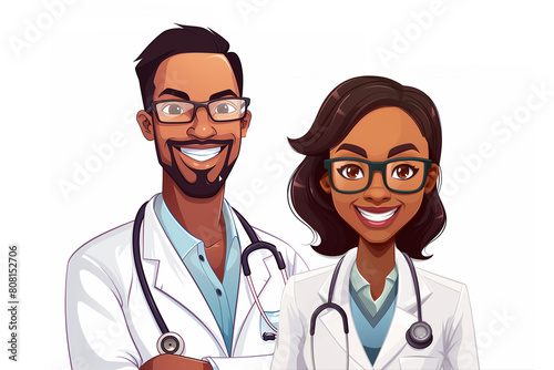 Black smiling male and female doctors standing together, isolated on white background