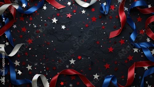 Dark background with red, white and blue ribbons and stars, 4th of July background, USA Background, American Background, Patriotic.