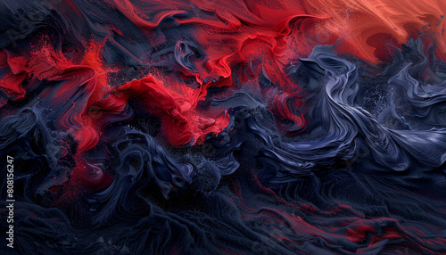 A dynamic and vibrant fusion of scarlet red and navy blue waves, swirling in a forceful manner that captures the energy of a stormy sea.
