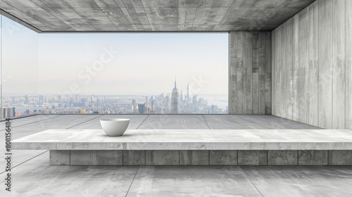  A white bowl atop a cement bench in a room, cityscape visible through its background