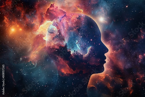 Human head with an outer galaxy like brain, in space, with nebula colors, artificial intelligence concept.