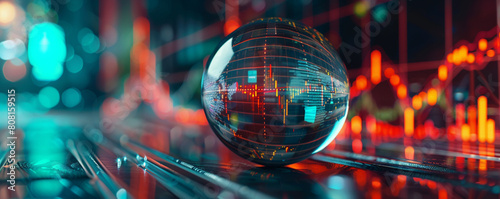 Capture the mesmerizing allure of stock market dynamics using a crystal ball as the focal point Create a surrealistic masterpiece with distorted angles