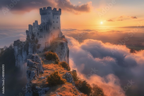 Medieval castle on a rocky hill, clouds and sunset in the background, fantasy concept.