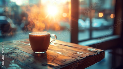  A cup of coffee atop a wooden table, facing a window overlooking the street