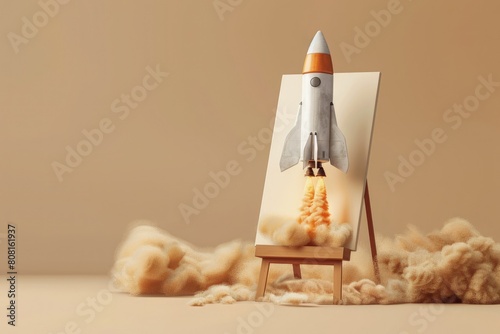 Rocket taking off from inside an easel banner, business concept, startup, white background.