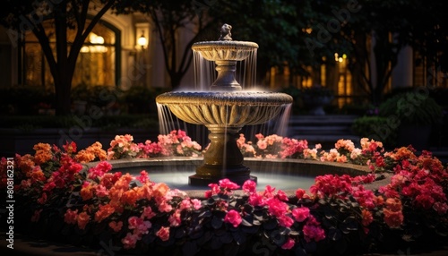 A formal flower bed surrounds a sculptural fountain in front of a building