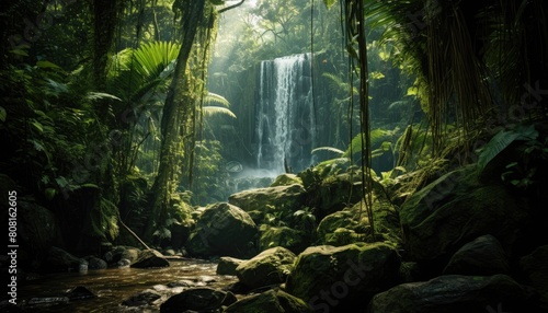A waterfall cascades through dense jungle foliage, surrounded by lush greenery and towering trees